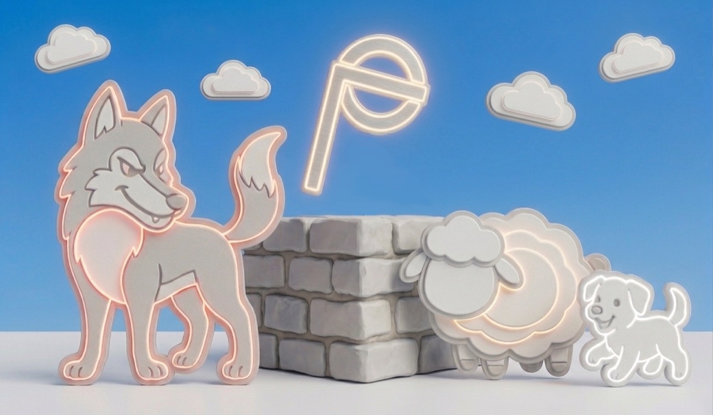 Plinco's sheep and puppy safe behind a wall, the wolf outside it